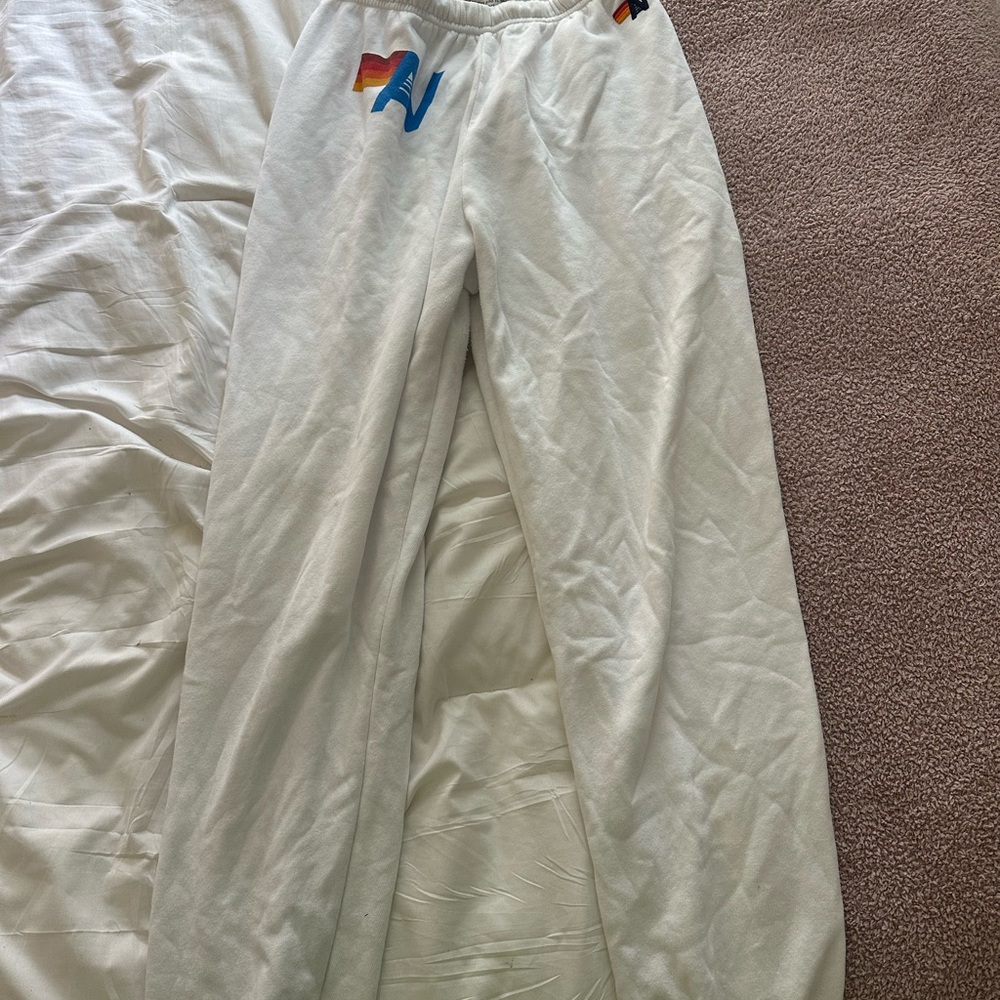 Aviator Nation White Track Pants with Rainbow Detail